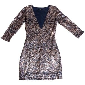 Showgirl Dress S/XS Deep V Neckline Sequines Party Bodycon Blue Shimmer Metallic